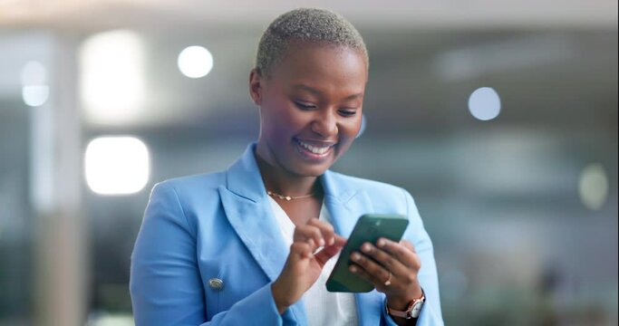 Black woman, night business and laughing on cellphone in office, online app and contact technology. Happy female worker, overtime and smartphone for reading funny notification, social media or mobile