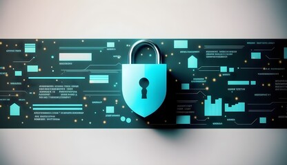Wallpaper Illustration and background of cyber security data protection shield, with key lock security system, technology digital. Front view. Concept of database security software. Generative AI
