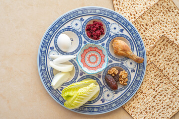 Symbolic meal (vegetables, herbs, egg, shank bone, nuts, date fruits) for Passover (Pesach) Seder Plate. 