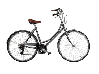 Black metallic retro bicycle, side view. Brown leather saddle and handles. Vintage look city bike....