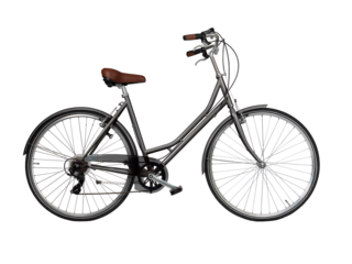 Black metallic retro bicycle, side view. Brown leather saddle and handles. Vintage look city bike. Png isolated on transparent background