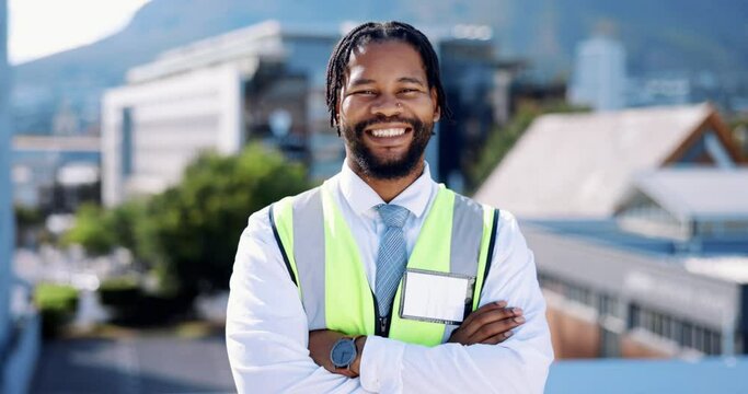 Black man, engineer and construction portrait outdoor with smile and happy face in building industry. Engineering person or male contractor arms crossed for city development, work and project safety