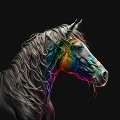 Obraz na płótnie Canvas Horse head portrait painted with all colors of the rainbow on a black background, unusual illustration, fairytale background, creative magic wallpaper, ai generative