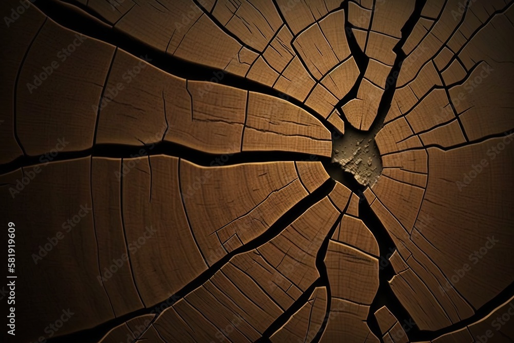Poster background with a dark wood grain that has cracks and is dry and abstract. generative ai