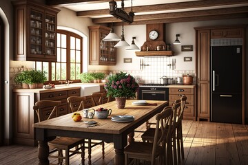 Fototapeta na wymiar interior of a country style kitchen, Generative AI