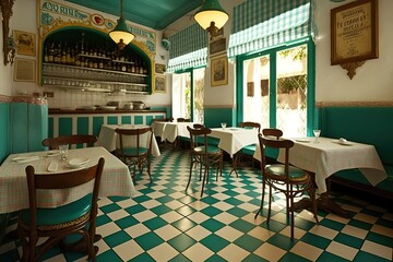 Spanish style restaurant, Interior, . Generative AI