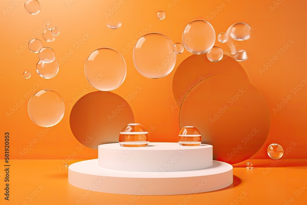 Poster simple abstract image on an orange background with a podium and soaring geometric bubble forms. gene