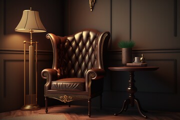 Vintage room,brown leather wing chair with wood table. Generative AI