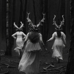 White witches with deer antlers engage in dark coven rituals