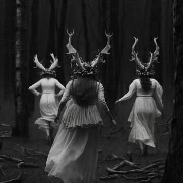 White witches with deer antlers engage in dark coven rituals