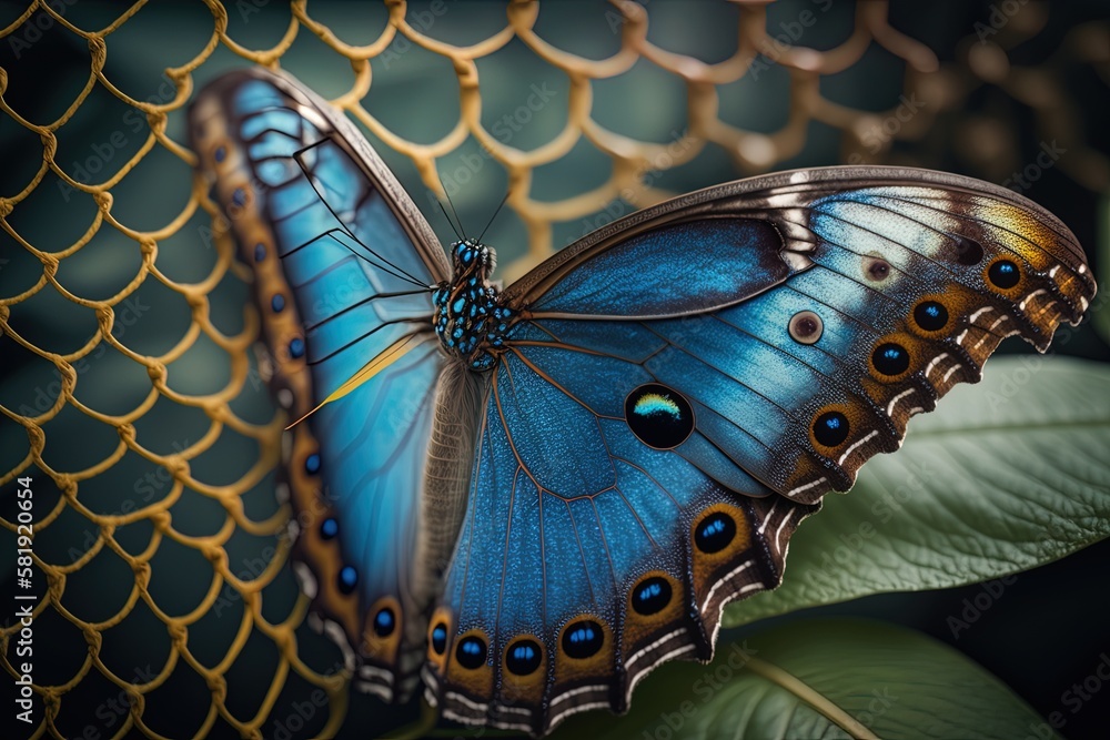Poster a blue morpho butterfly resting on a leaf next to a net, wings open. generative ai