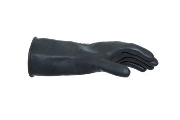 A hand in a black rubber glove in profile with the fingers half-extended. A hand isolated on a white background.