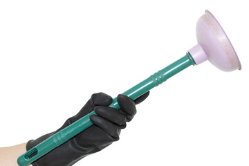An isolated hand in a black rubber glove holding a plunger on a white background. Hand of a cleaner.