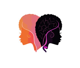 Fototapeta na wymiar Cartoon profile of two girls of different skin colors. Vector illustration