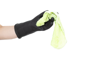 An isolated hand in a black rubber glove holding a cleaning cloth on a white background. Hand of a cleaner.