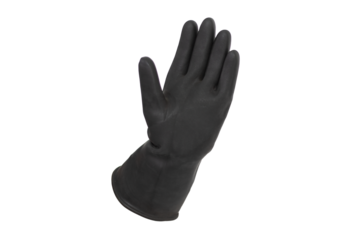 An isolated hand wearing a black rubber glove with the fingers stretched out except the thumb on a white background