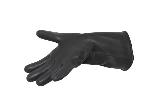 A hand in profile in a black rubber glove on a white background with fingers stretched out to grab something