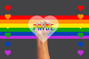 fist up clenched hand with the word pride with hearts