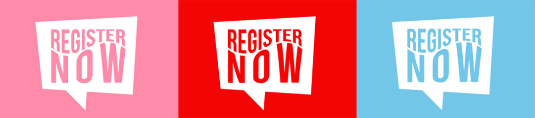 set of white notices that says register now