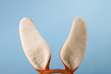 White and brown bunny ears on plain blue background