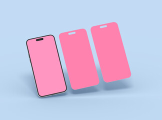 Phone 14 pro mockup and some separated screens floating. ui ux app concept. 3d render