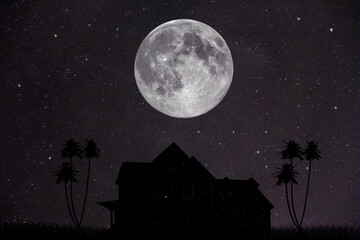 silhouette of a house and trees with a full moon