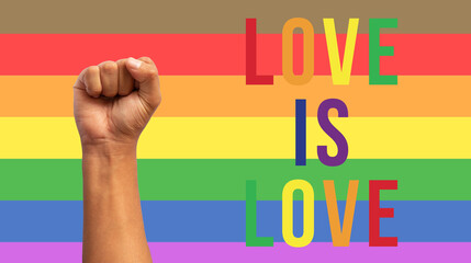 fist up with lgbt flag with text love is love