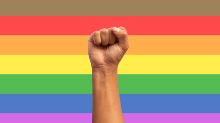 fist up with lgbt flag in background
