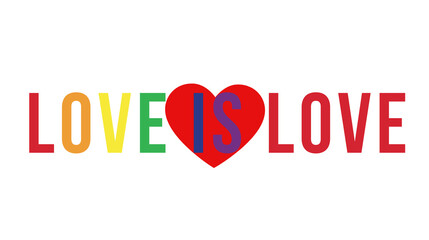 text love is love in LGBT colors with a heart