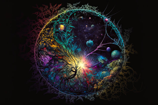 A network of luminous lines connects animals, plants and humans. Ethereal and luminous, these colors convey a message of interconnection of all life. Generative AI