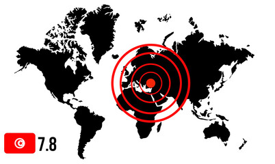 Obraz na płótnie Canvas world map indicating magnitude of the turkey earthquake with the flag of turkey