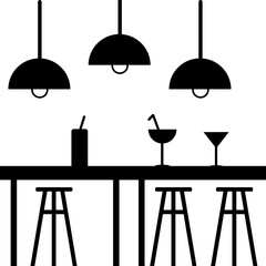 Bar illustration on white background. Bar icon for mobile app. Bar table, chairs, drinks and lamps. Black and white conceptual modern illustration
