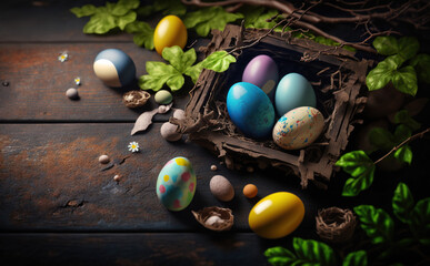 Colorful easter eggs in bright colors with copy space. Generative AI - 581922255