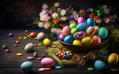 Colorful easter eggs in bright colors with copy space. Generative AI - 581922282