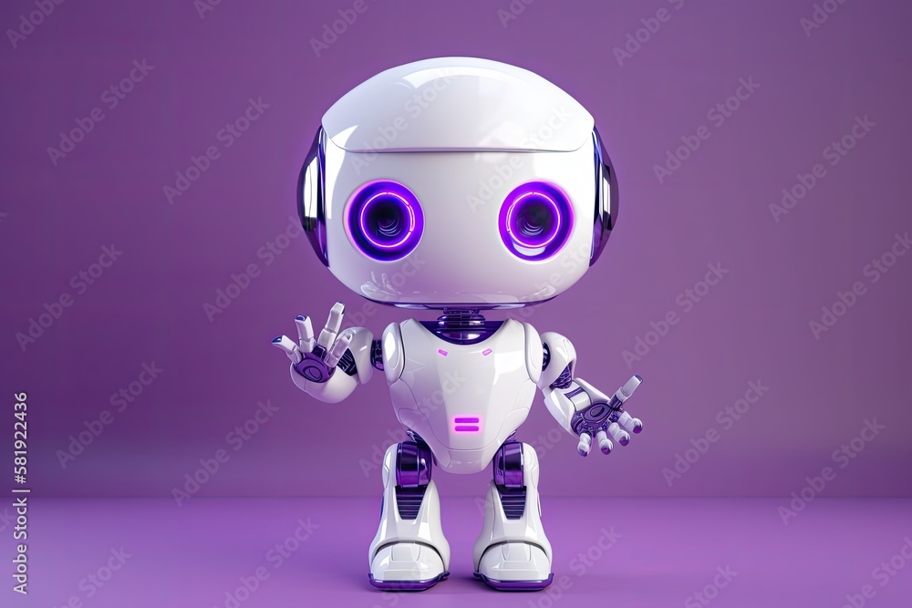 Poster hello screen and cute robot with raised, isolated on a purple background. technological idea. genera