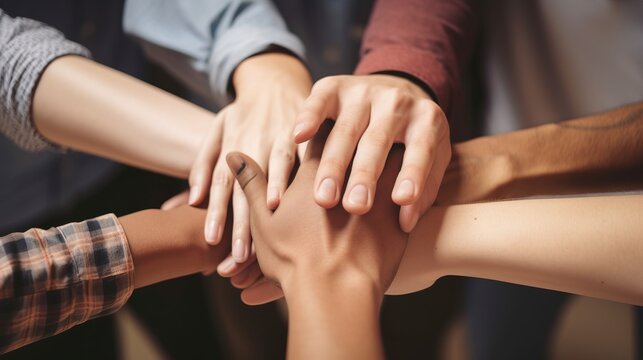 Hand of diverse people connecting. Volunteer charity team work, diverse business environment. Generative AI.