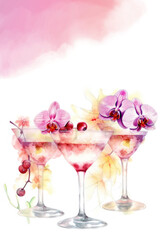 trio of martinis, in martini glasses, garnished and decorated with cherries and orchids, mixology, copyspace, created with generative ai