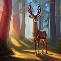 A majestic deer stands peacefully among the trees in a serene forest