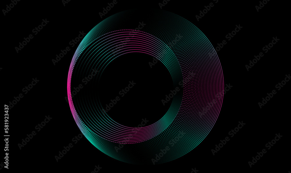 Aufkleber Abstract background with circles dot line pattern round frame colorful spectrum glitch effect isolated on black background. Vector illustration AI technology, digital, communication, science, music