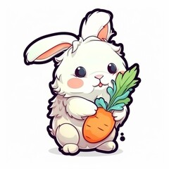 Cut sticker of a fluffy white bunny holding a carrot on white background. Generative AI