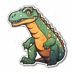Fototapeta premium Cut sticker of a green dinosaur with orange spots on white background. Generative AI