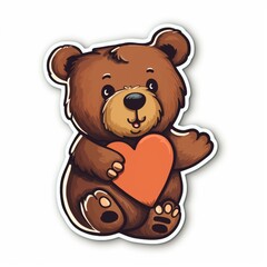 Obraz premium Cut sticker of a brown teddy bear holding a heart on white background. Generative AI