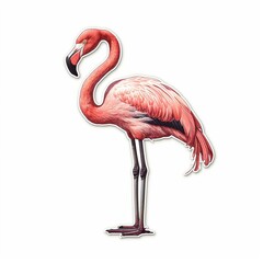 Cut sticker of a pink flamingo standing on one leg on white background. Generative AI