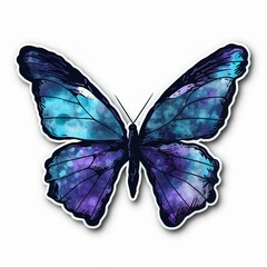 Cut sticker of a blue butterfly with purple wings on white background. Generative AI