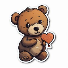 Obraz premium Cut sticker of a brown teddy bear holding a heart on white background. Generative AI