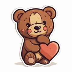 Cut sticker of a brown teddy bear holding a heart on white background. Generative AI