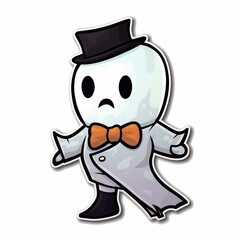 Obraz premium Cut sticker of a white ghost with a black bow tie on white background. Generative AI
