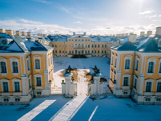 Drone view of Main entrance of Rundale Palace in a beautiful winter day, Latvia