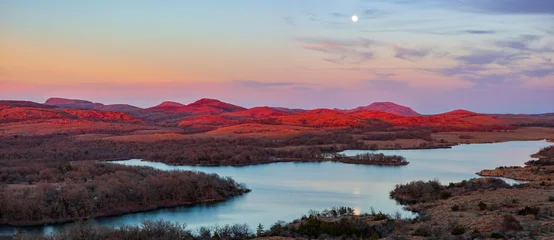 Door stickers Dark gray Sunset landscape with a full moon in Wichita Mountains National Wildlife Refuge
