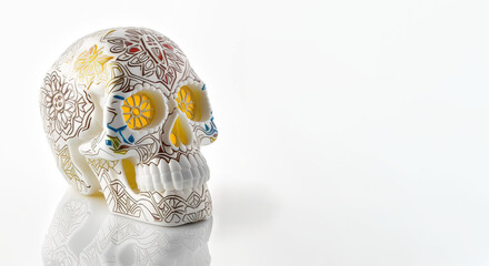 Sugar Skull, Calavera, to celebrate Mexicans Day of the Dead greeting card with white color space. Generative AI - 581924648